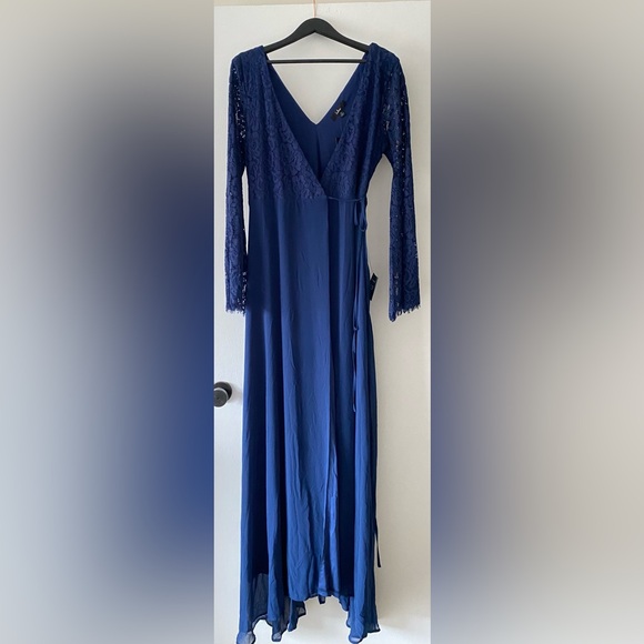 Utterly In Love Navy Blue Lace Long Sleeve Wrap Dress - Picture 2 of 6